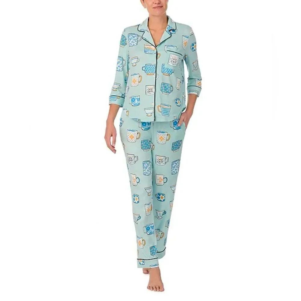 kate spade XL Light Blue Tea Coffee Print Notch Collar 3/4 Sleeve Pants PJ Set